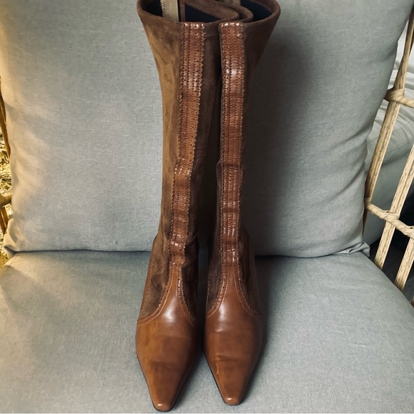 🤎 Vintage US 7.5 Franco Sarto Cognac Brown Suede & Leather Tall Boots - Picture 4 of 9